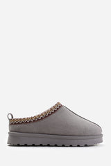 PINE AZTEC DETAIL FAUX FUR LINING MINI BOOTS IN LIGHT GREY SUEDE