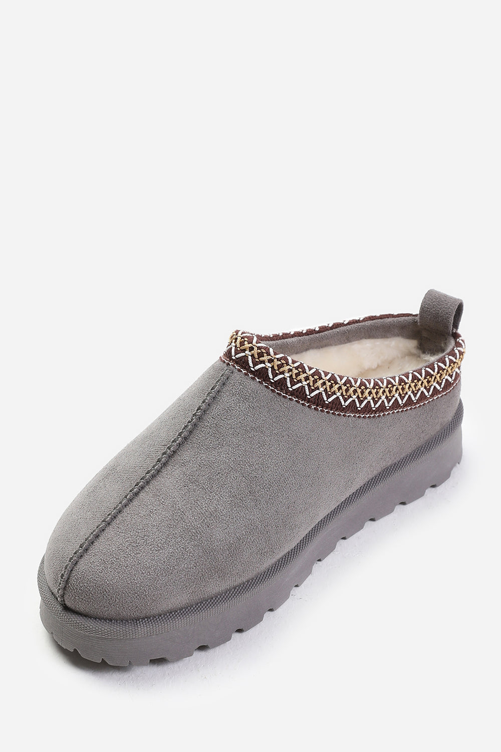 PINE AZTEC DETAIL FAUX FUR LINING MINI BOOTS IN LIGHT GREY SUEDE