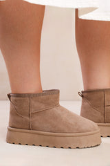 ZYLA FLATFORM FUR LINING ANKLE BOOT IN CAMEL SUEDE