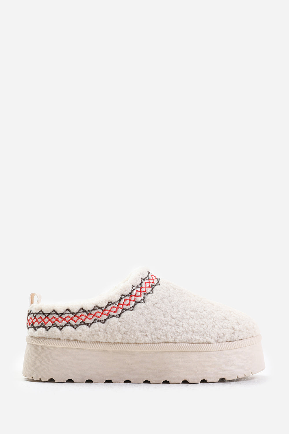 CHERRY FLATFORM AZTEC DETAIL LOW ANKLE SLIPPER BOOTS IN CREAM SHEARLING