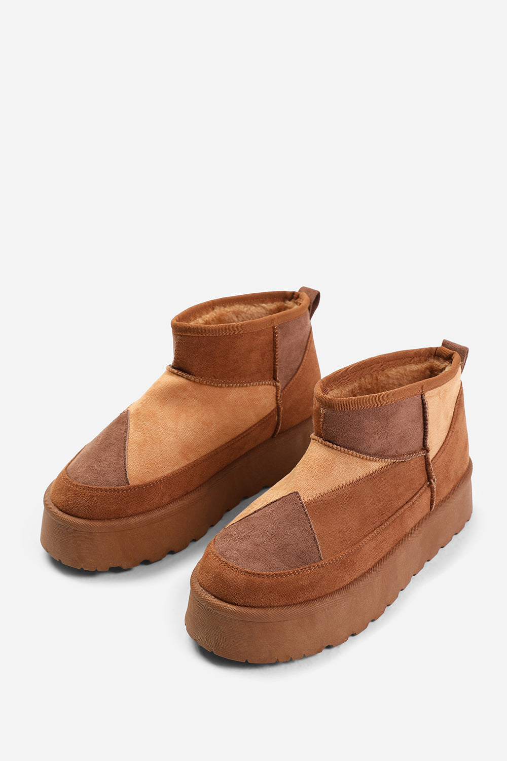 COCONUT FLATFORM PATCHWORK FAUX FUR LINING ANKLE BOOT IN CHESTNUT MIX SUEDE