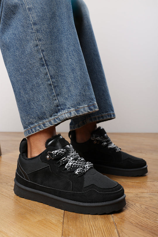 Elara Black Suede Lace-Up Trainers with Chunky Sole and Mesh Panel