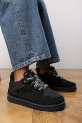 Elara Black Suede Lace-Up Trainers with Chunky Sole and Mesh Panel