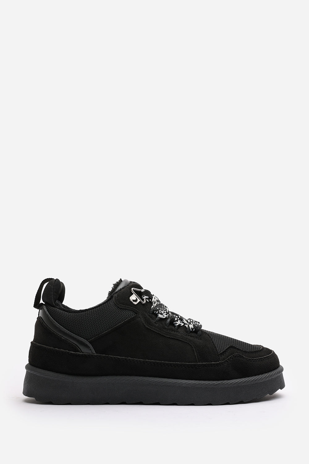 Elara Black Suede Lace-Up Trainers with Chunky Sole and Mesh Panel