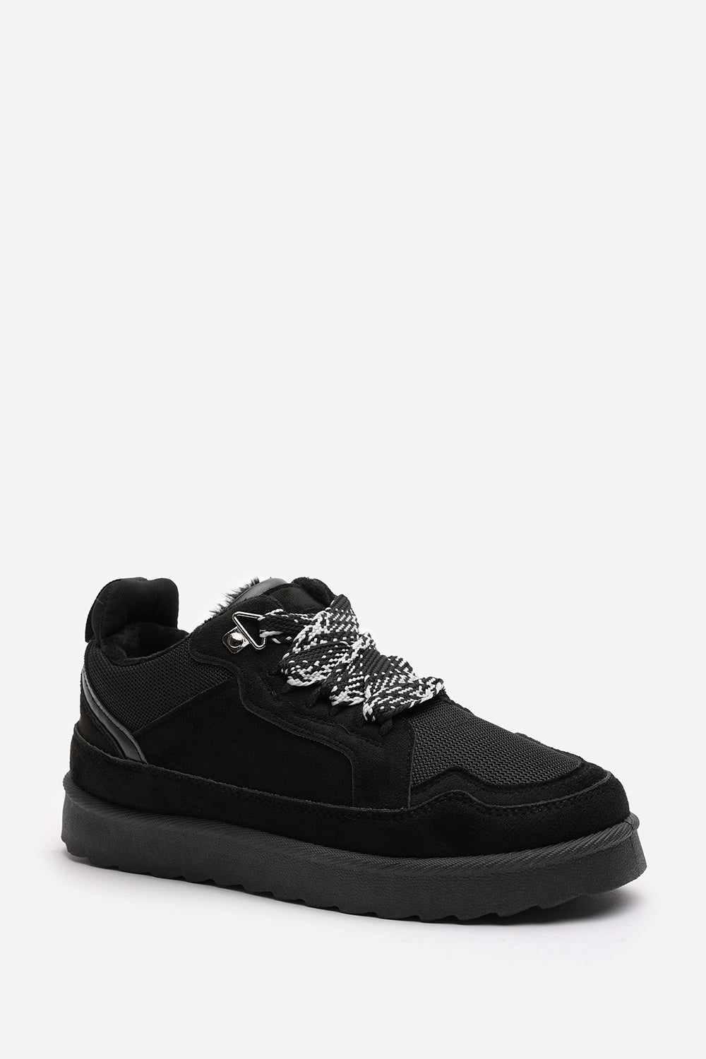 Elara Black Suede Lace-Up Trainers with Chunky Sole and Mesh Panel