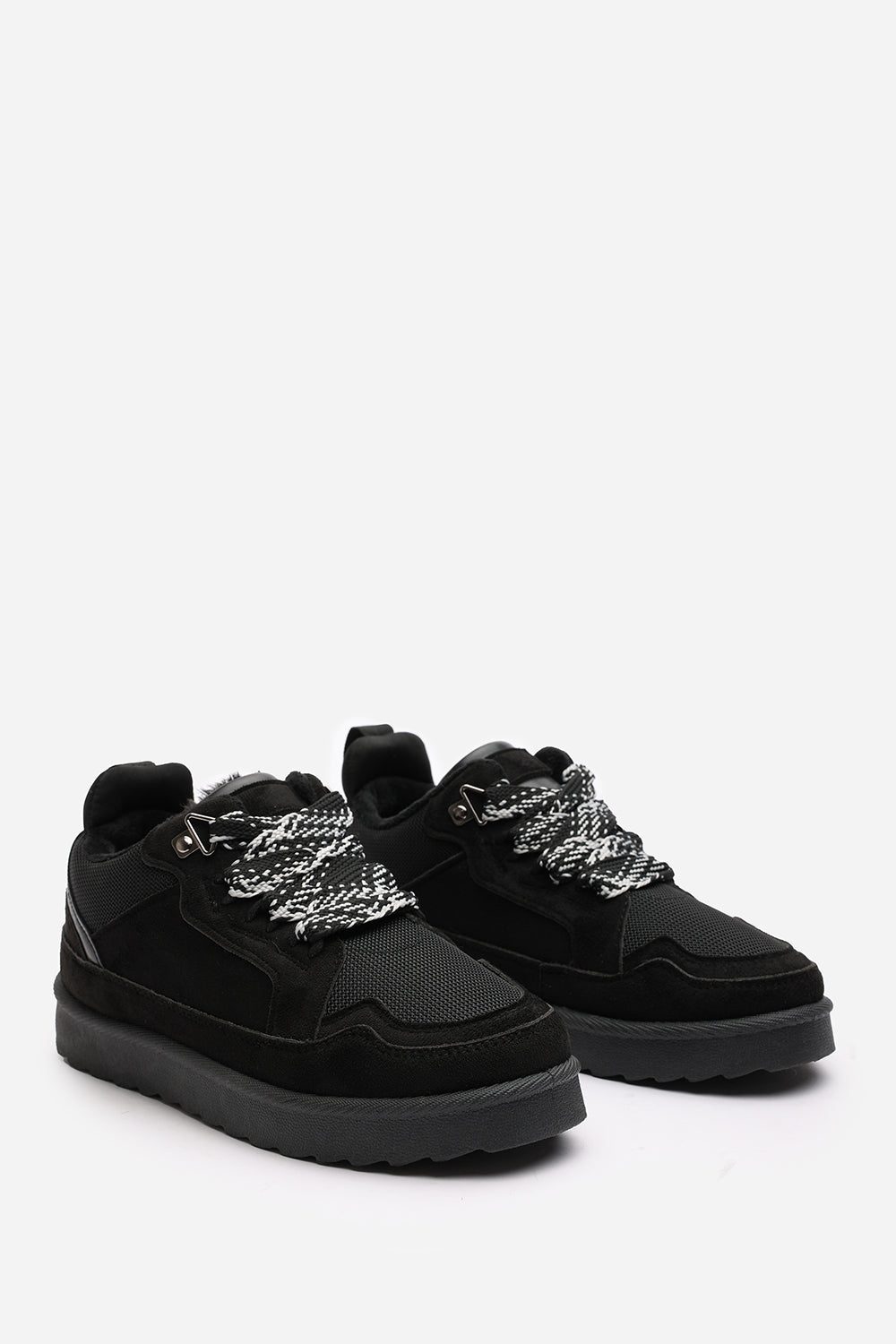 Elara Black Suede Lace-Up Trainers with Chunky Sole and Mesh Panel