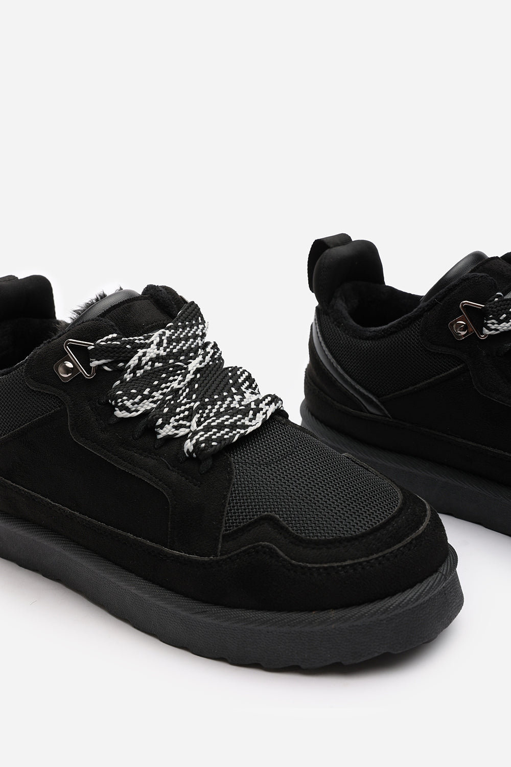 Elara Black Suede Lace-Up Trainers with Chunky Sole and Mesh Panel