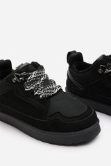 Elara Black Suede Lace-Up Trainers with Chunky Sole and Mesh Panel