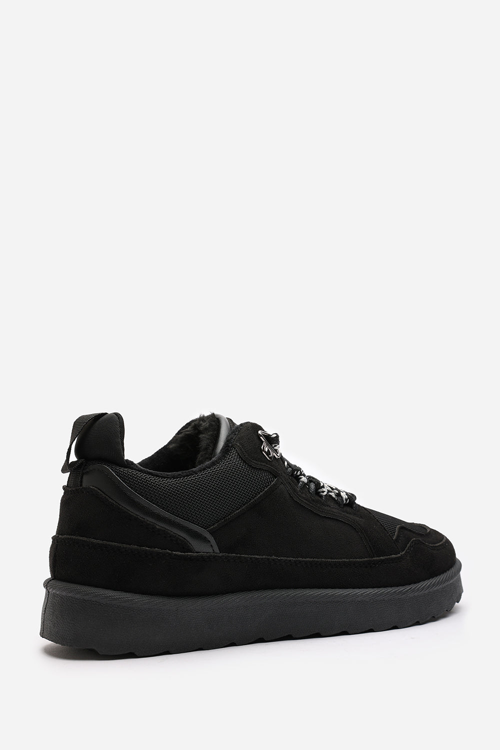 Elara Black Suede Lace-Up Trainers with Chunky Sole and Mesh Panel