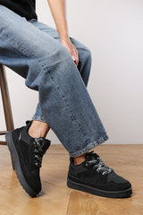 Elara Black Suede Lace-Up Trainers with Chunky Sole and Mesh Panel