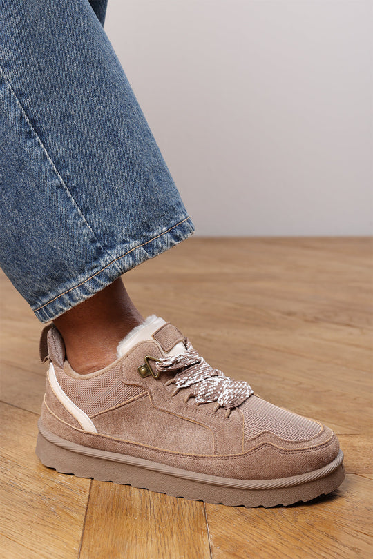 Elara Camel Suede Lace-Up Trainers with Chunky Sole and Mesh Panel