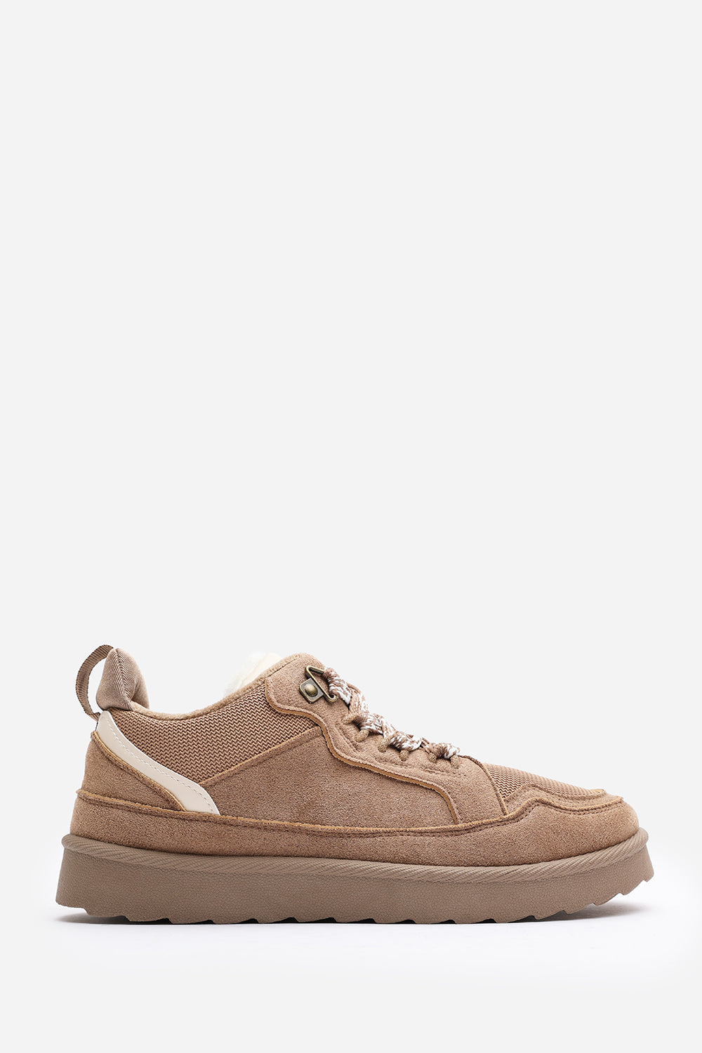 Elara Camel Suede Lace-Up Trainers with Chunky Sole and Mesh Panel