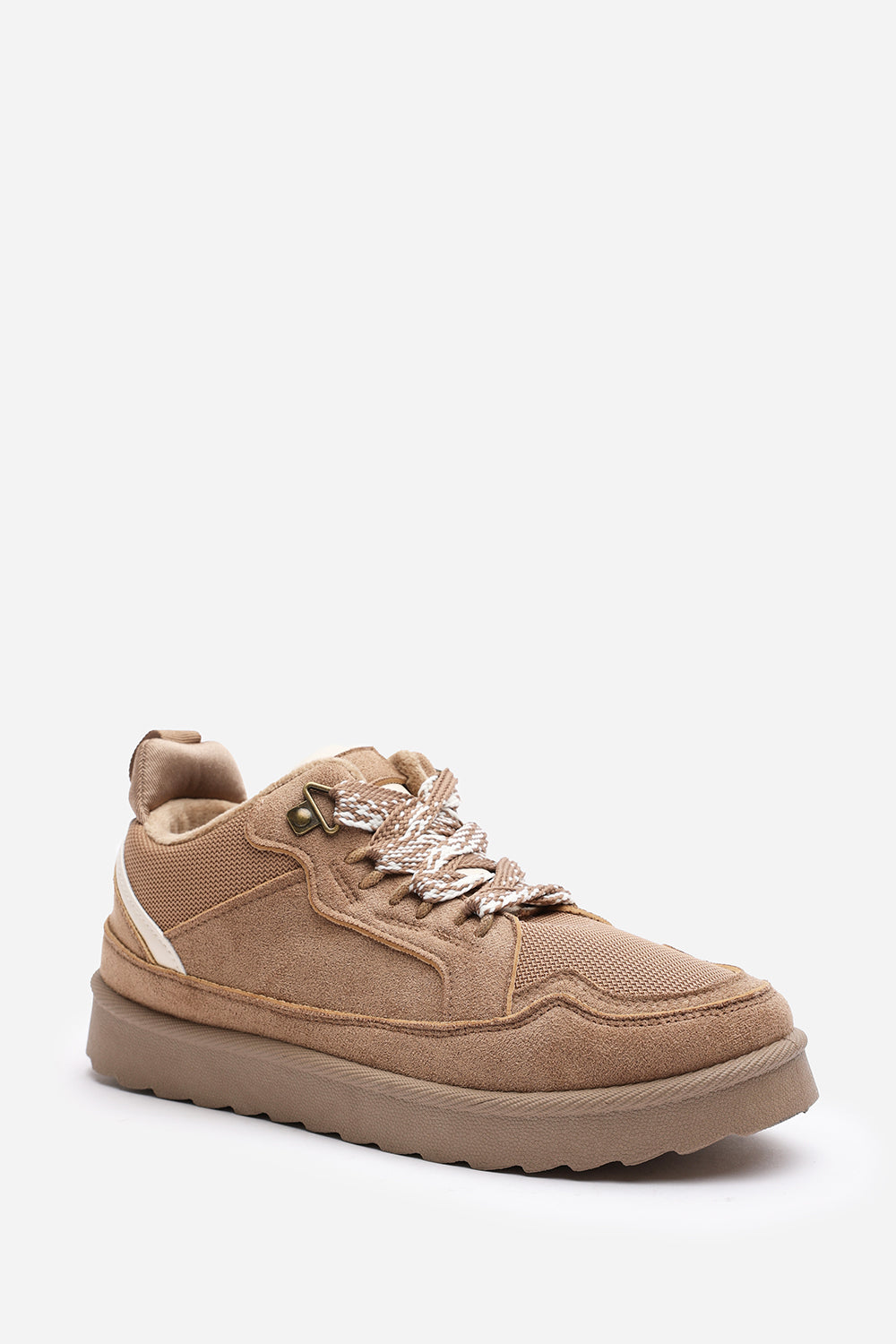 Elara Camel Suede Lace-Up Trainers with Chunky Sole and Mesh Panel
