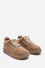 Elara Camel Suede Lace-Up Trainers with Chunky Sole and Mesh Panel