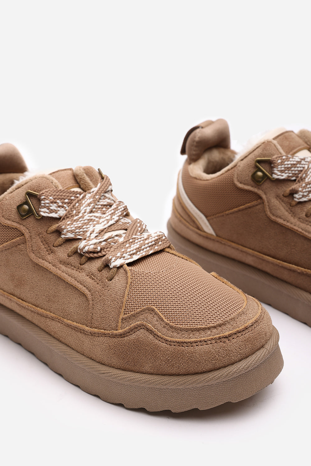 Elara Camel Suede Lace-Up Trainers with Chunky Sole and Mesh Panel