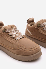 Elara Camel Suede Lace-Up Trainers with Chunky Sole and Mesh Panel