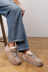 Elara Camel Suede Lace-Up Trainers with Chunky Sole and Mesh Panel