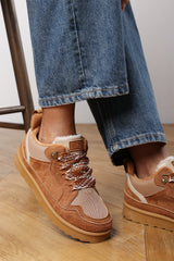 Elara Chestnut Suede Lace-Up Trainers with Chunky Sole and Mesh Panel