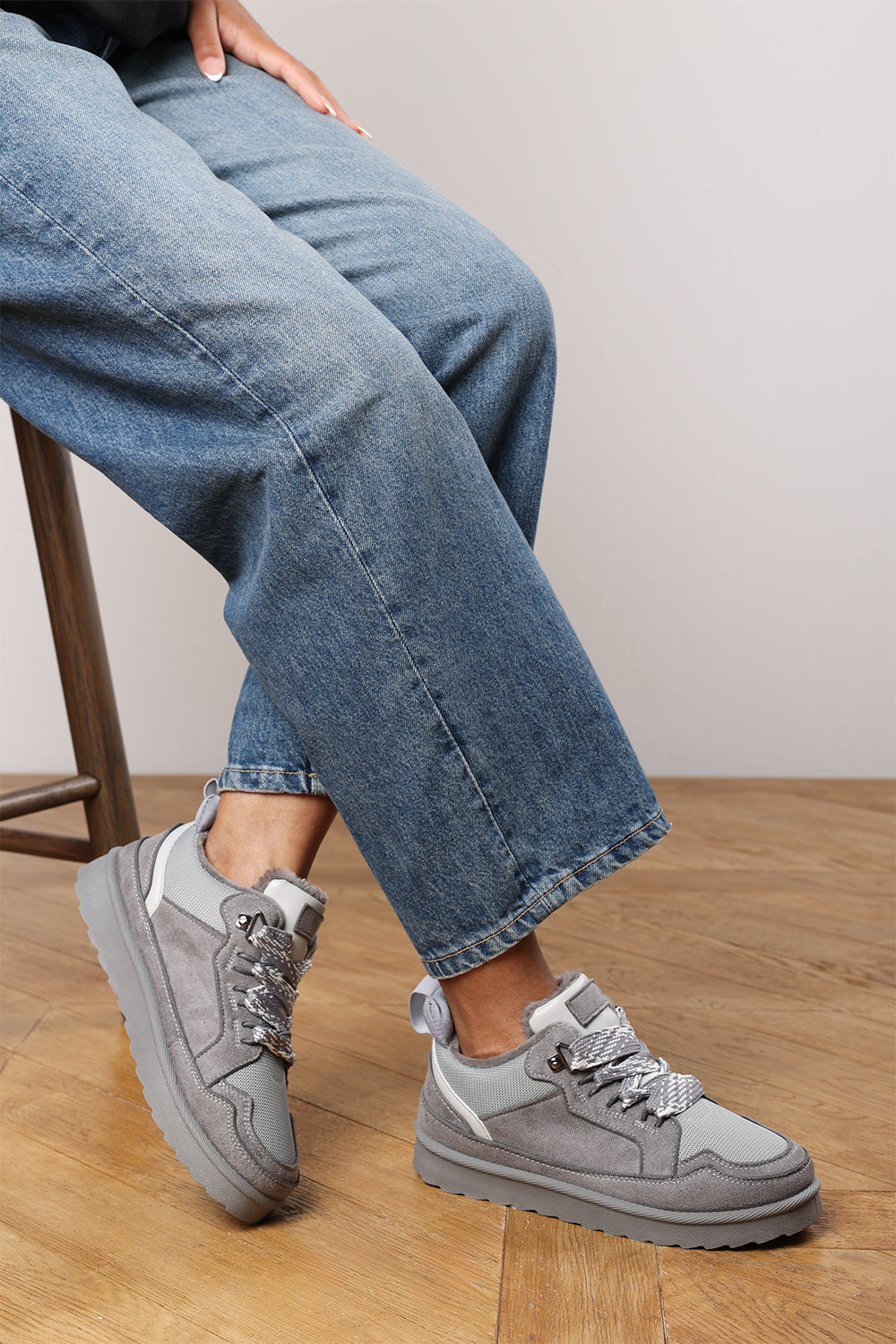 Elara Grey Suede Lace-Up Trainers with Chunky Sole and Mesh Panel