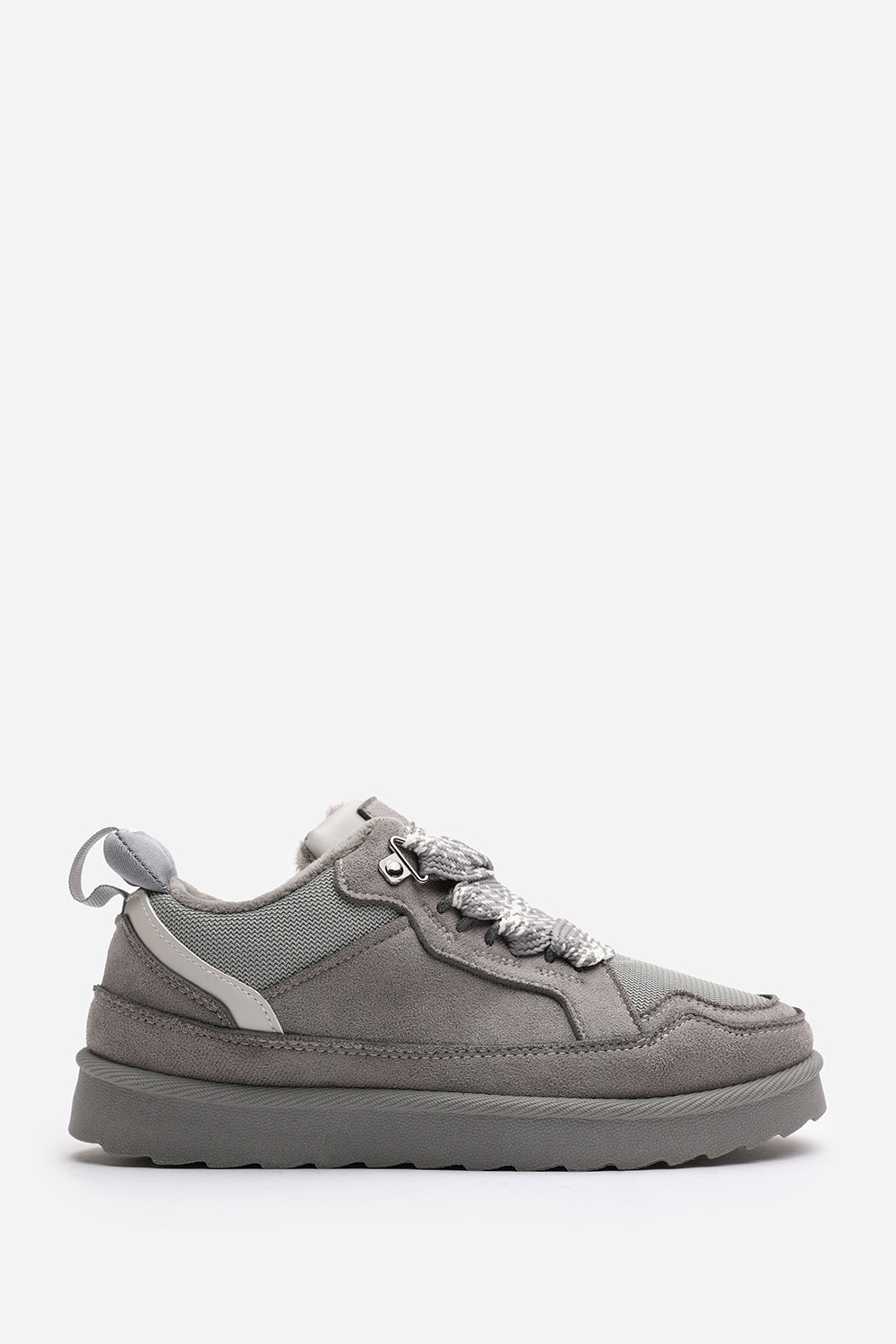 Elara Grey Suede Lace-Up Trainers with Chunky Sole and Mesh Panel