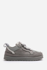 Elara Grey Suede Lace-Up Trainers with Chunky Sole and Mesh Panel