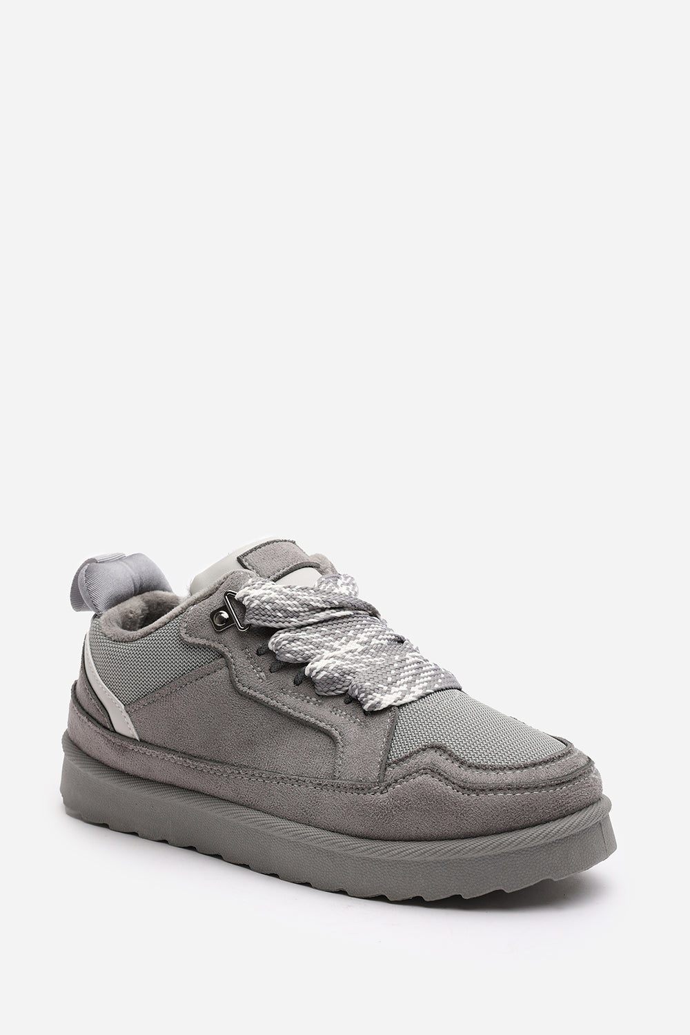 Elara Grey Suede Lace-Up Trainers with Chunky Sole and Mesh Panel