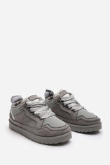 Elara Grey Suede Lace-Up Trainers with Chunky Sole and Mesh Panel