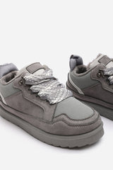 Elara Grey Suede Lace-Up Trainers with Chunky Sole and Mesh Panel