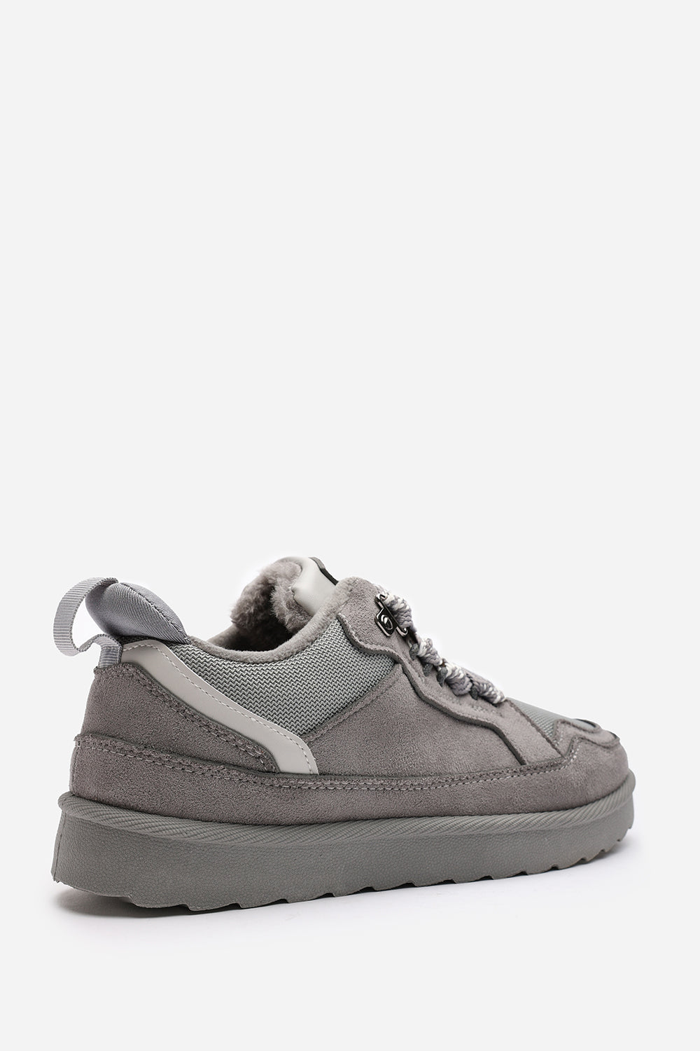 Elara Grey Suede Lace-Up Trainers with Chunky Sole and Mesh Panel