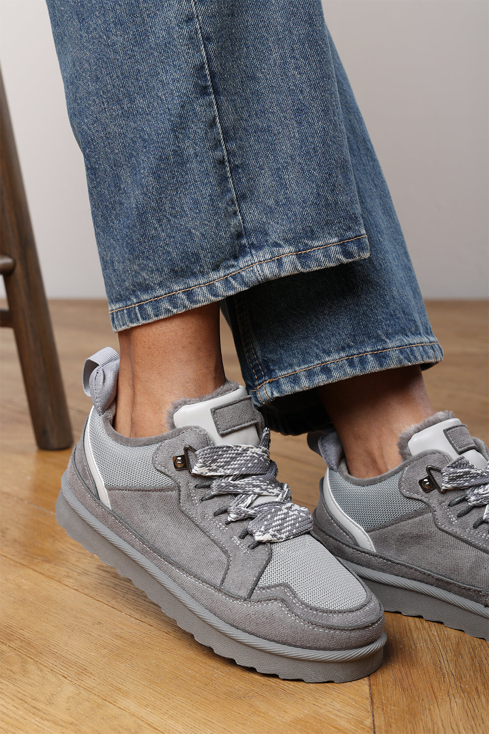Elara Grey Suede Lace-Up Trainers with Chunky Sole and Mesh Panel