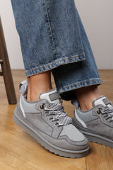 Elara Grey Suede Lace-Up Trainers with Chunky Sole and Mesh Panel