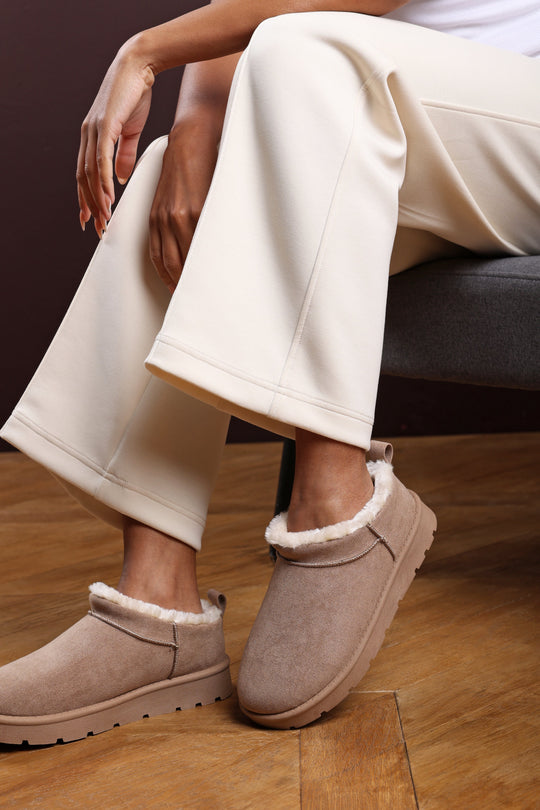 Frances Cosy Camel Faux-Suede Fur Lined Micro Dipped Heel Boot