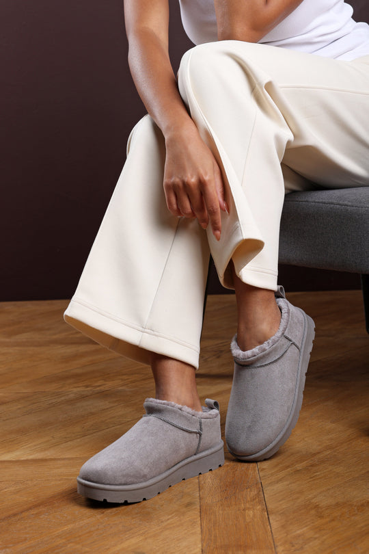 Frances Cosy Grey Faux-Suede Fur Lined Micro Dipped Heel Boot