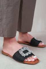 FARRAH FLAT SANDALS WITH EMBELLISHED DETAIL SINGLE BAND IN BLACK