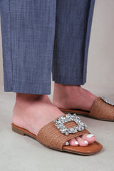 FARRAH FLAT SANDALS WITH EMBELLISHED DETAIL SINGLE BAND IN TAN