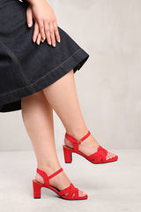 TINSLEY LOW BLOCK HEEL WITH BRAIDED DETAIL IN RED SUEDE