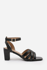 CAITY TRIPLE LINK CHAIN DETAIL SANDALS IN BLACK FAUX LEATHER