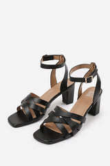 CAITY WIDE FIT TRIPLE LINK CHAIN DETAIL SANDALS IN BLACK FAUX LEATHER