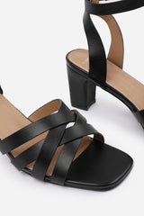 CAITY TRIPLE LINK CHAIN DETAIL SANDALS IN BLACK FAUX LEATHER