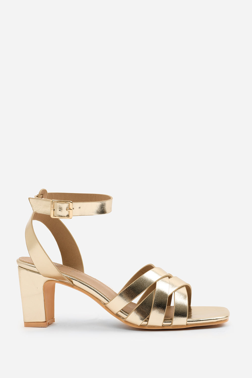 CAITY WIDE FIT TRIPLE LINK CHAIN DETAIL SANDALS IN GOLD METALLIC FAUX LEATHER