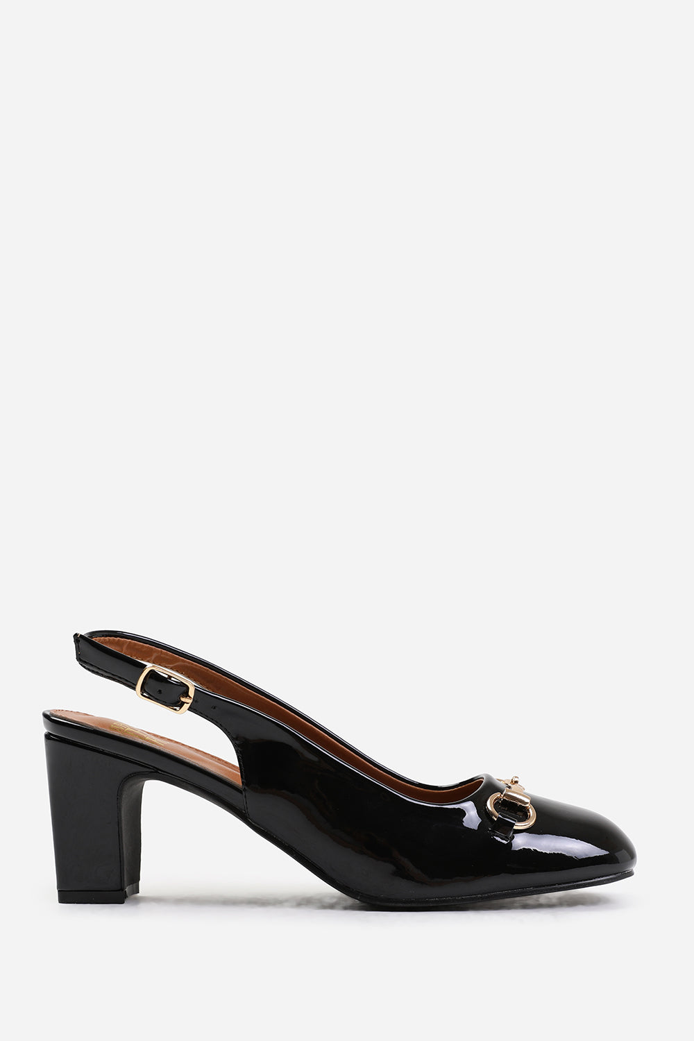 RAIZEL BLOCK HEEL WITH METAL DETAIL AND SLINGBACK BUCKLE STRAP IN BLACK PATENT