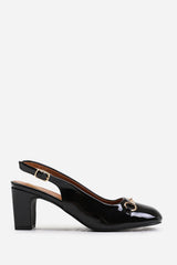 RAIZEL WIDE FIT BLOCK HEEL WITH METAL DETAIL AND SLINGBACK BUCKLE STRAP IN BLACK PATENT