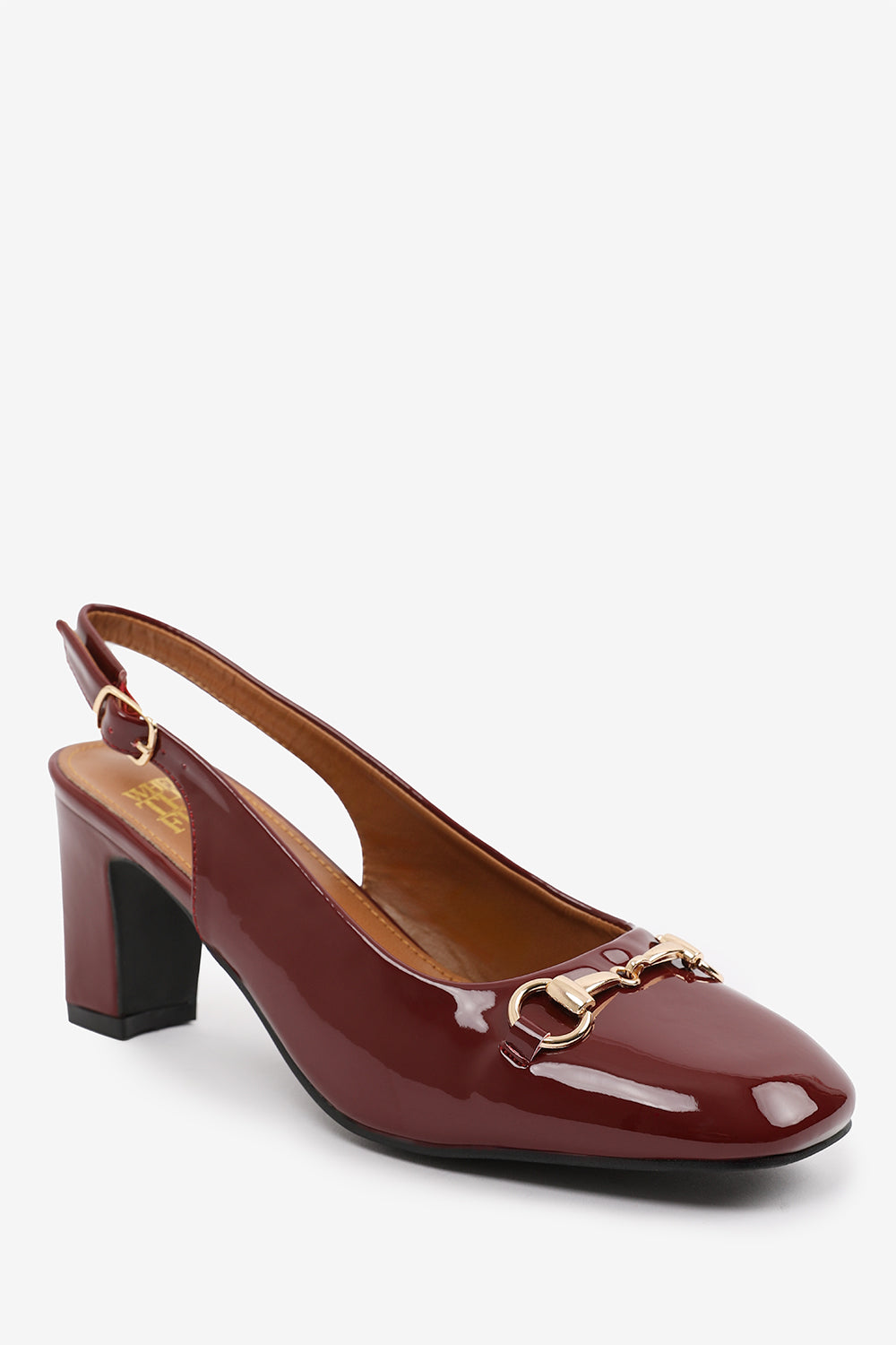 RAIZEL BLOCK HEEL WITH METAL DETAIL AND SLINGBACK BUCKLE STRAP IN DEEP CHERRY PATENT