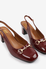 RAIZEL WIDE FIT BLOCK HEEL WITH METAL DETAIL AND SLINGBACK BUCKLE STRAP IN DEEP CHERRY PATENT