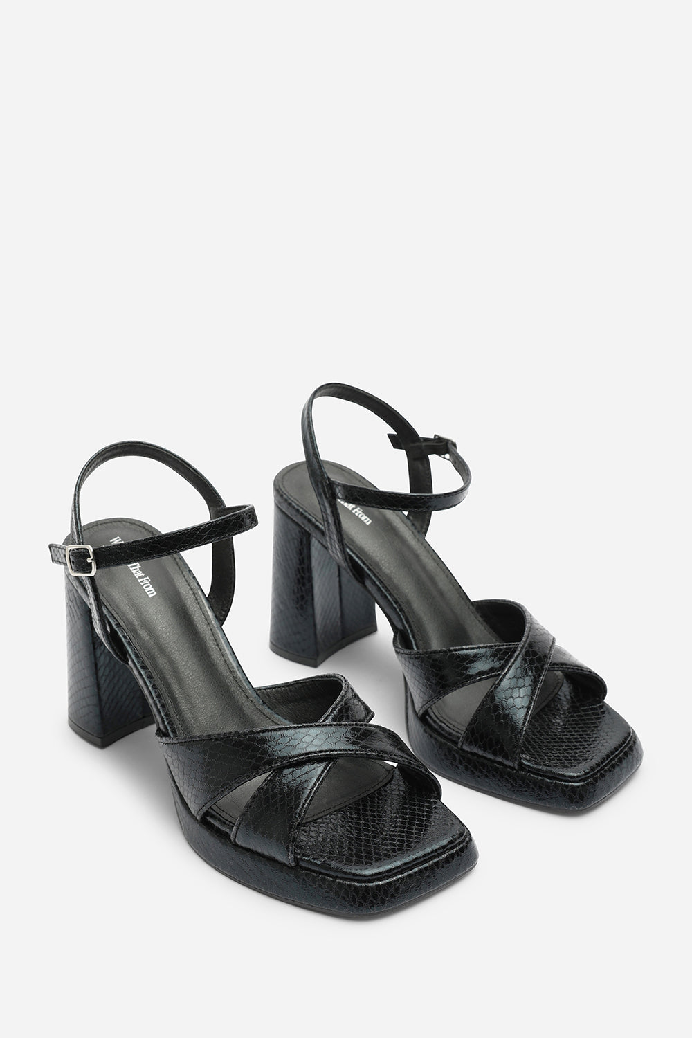 Qavira Wide Fit Cross Over Platform Block Heels With Ankle Strap