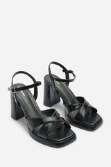 Qavira Wide Fit Cross Over Platform Block Heels With Ankle Strap
