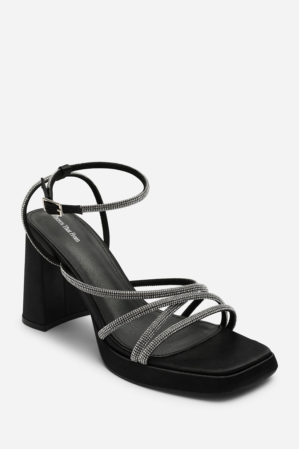 Qelixa Silver Diamante Cross Over Strappy Platform Heels in Black Satin