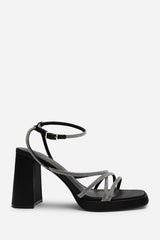 Qelixa Silver Diamante Cross Over Strappy Platform Heels in Black Satin