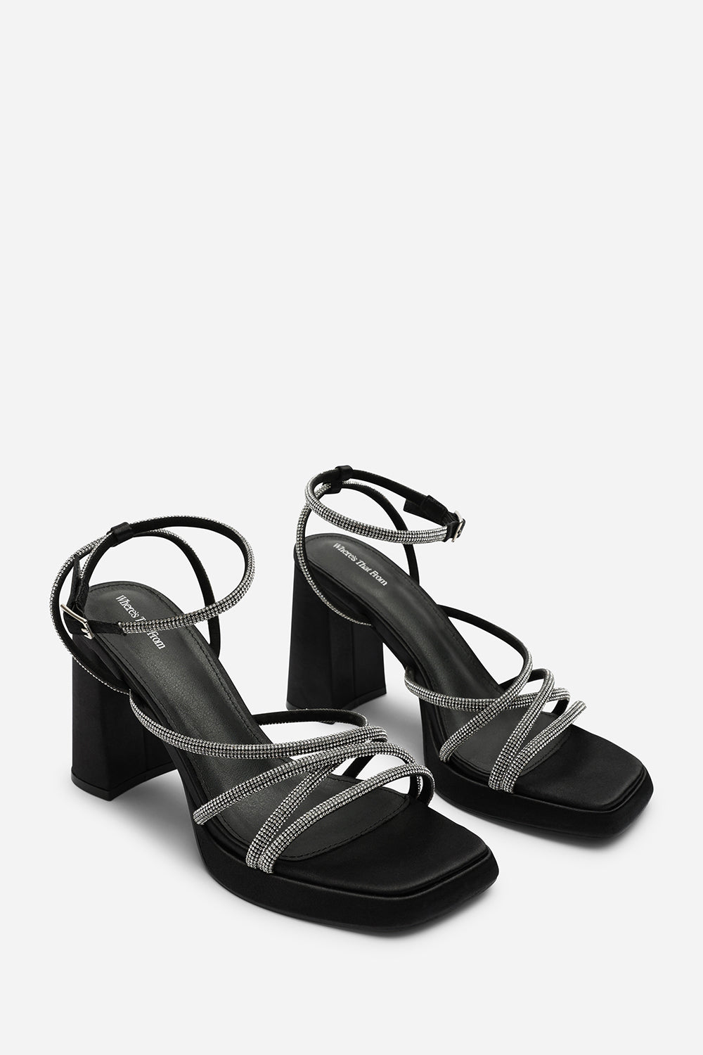 Qelixa Wide Fit Silver Diamante Cross Over Strappy Platform Heels in Black Satin
