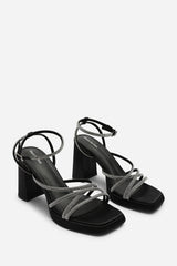 Qelixa Wide Fit Silver Diamante Cross Over Strappy Platform Heels in Black Satin
